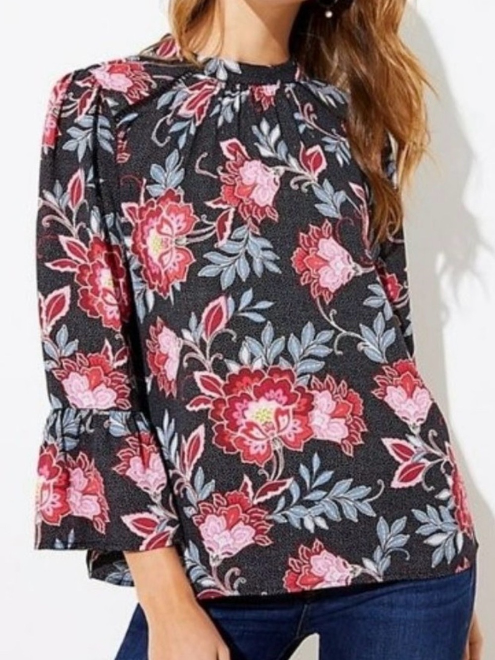 LOFT Floral Bell Sleeve Blouse Black Pink Blue Size L